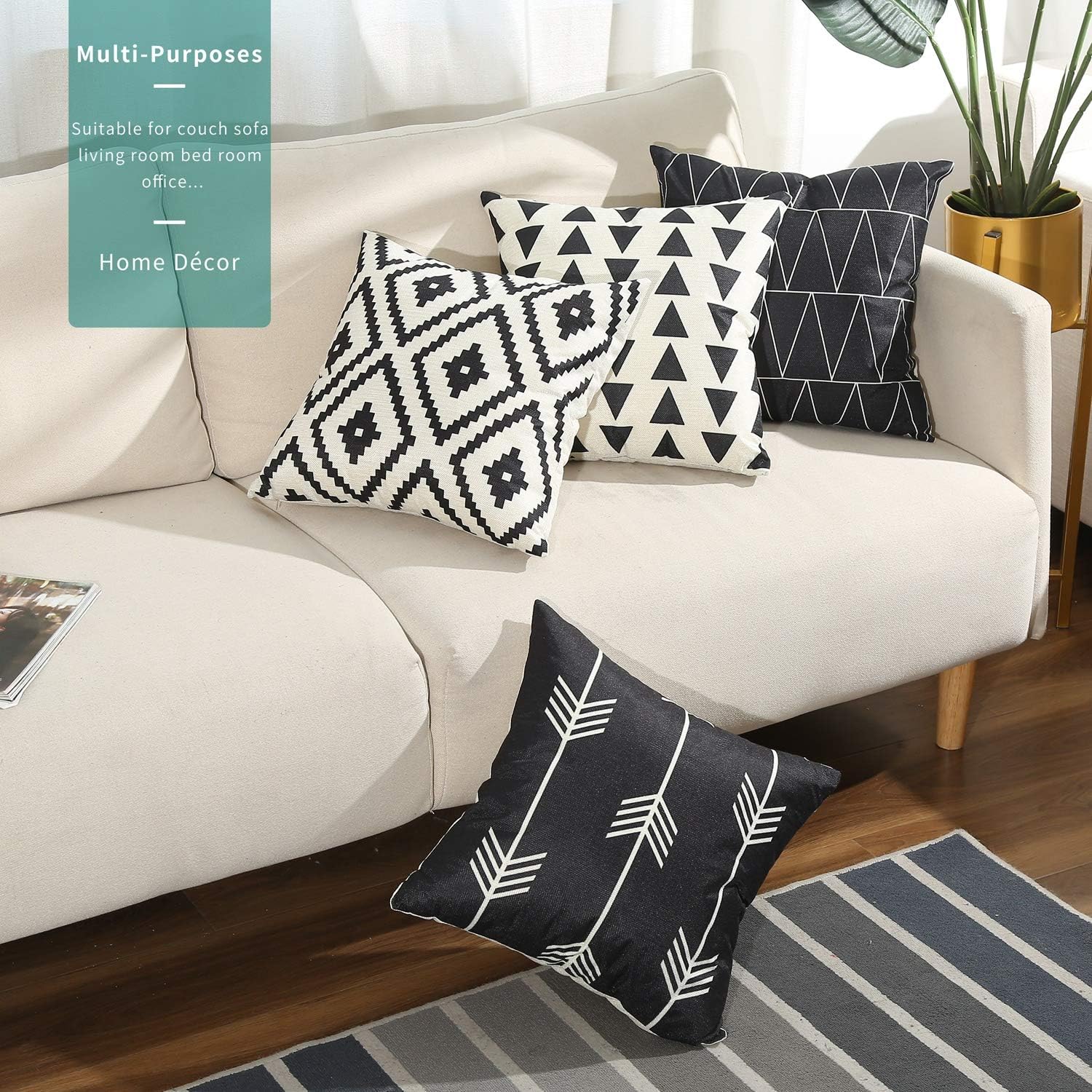Tosewever Set of 4 Decorative Geometric 18 x 18 Inches Throw Pillow Covers - Modern Pattern Linen Square Pillow Cushion Case for Sofa Couch…