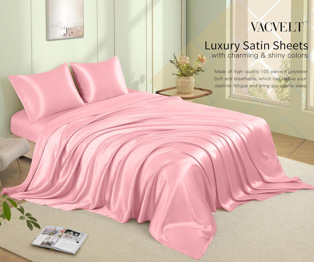 VACVELT 3pcs Pink Satin Sheets Twin Size Bed Set, 15 Inch Deep Pocket Silky Satin Sheet Set, Soft Satin Bedding Set Cooling & Luxury Bed…