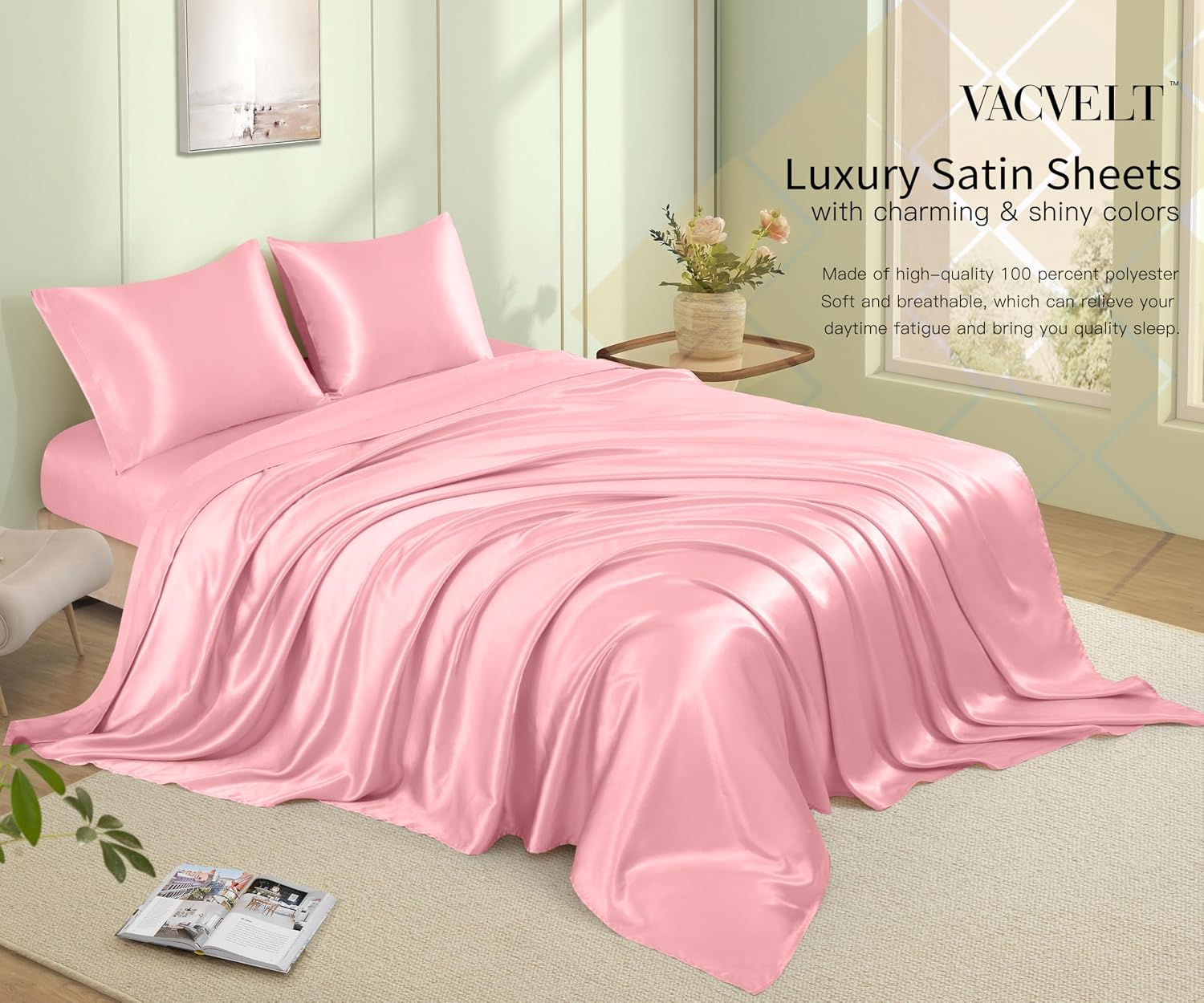 VACVELT 4pcs Pink Satin Sheets Full Size Bed Set, 15 Inch Deep Pocket Silky Satin Sheet Set, Soft Satin Bedding Set Cooling & Luxury Bed…