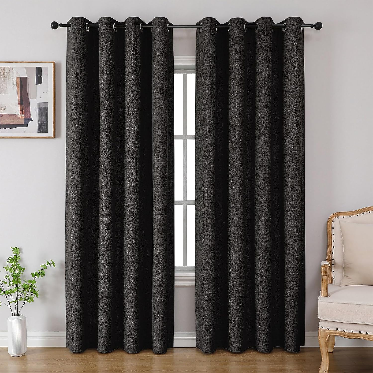 Cucraf 100% Blackout Curtains 63 inches Length 2 Panels Set, Room Darkening Linen Textured Curtain Grommet for Bedroom Living Room, Light B…