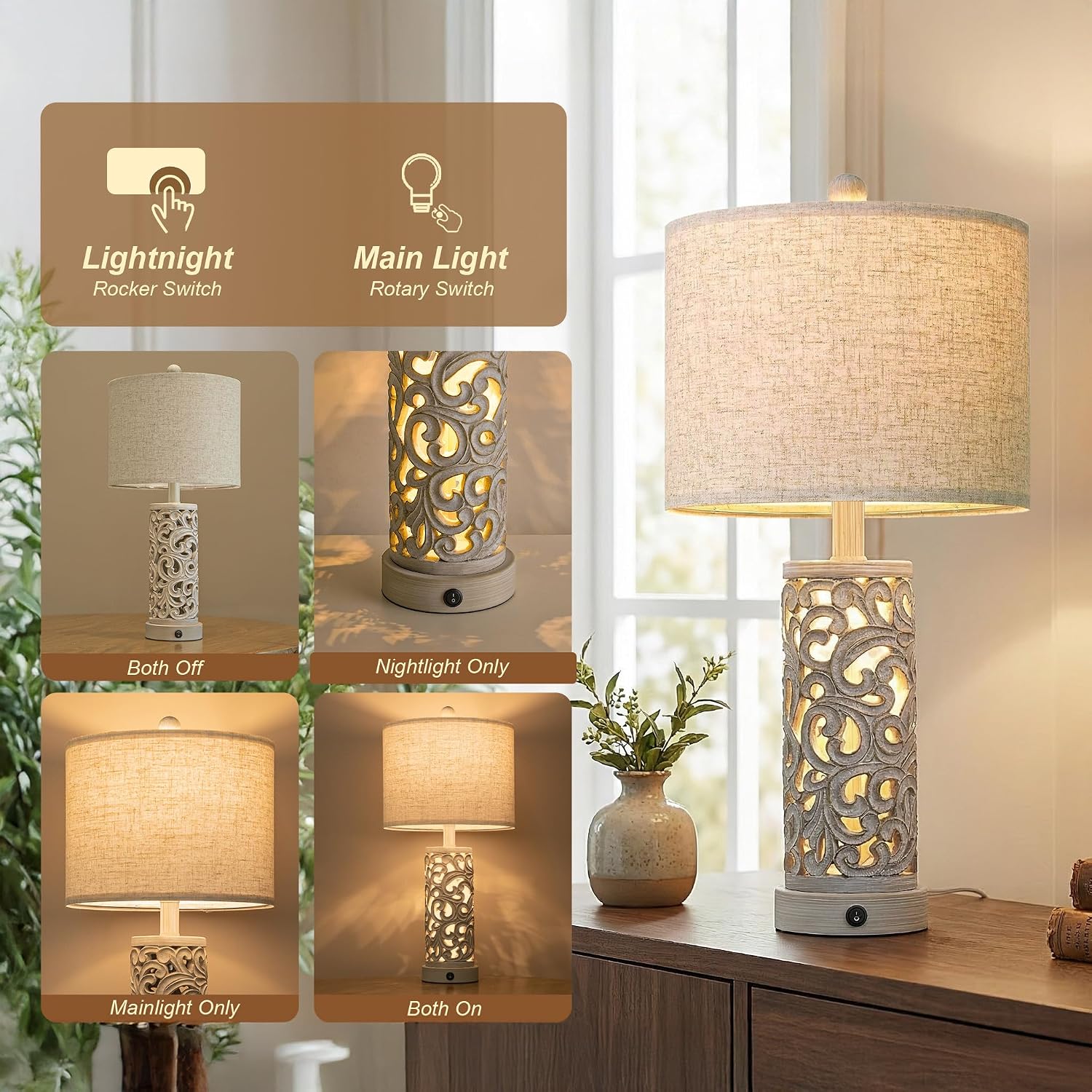 OYEARS Bedside Table Lamps Set of 2 with USB & Night Light, 22'' Farmhouse Bedroom Lamps for Nightstand, Vintage Table Lamps for Bedroom…