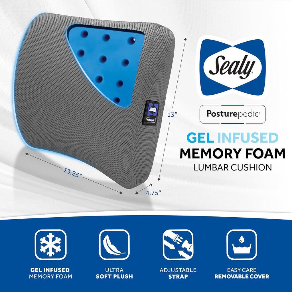 Sealy Lumbar Support Pillow with Cooling Gel – Ergonomic Office Chair Cushion for Back Support – Memory Foam Back Pillow for Car, Office…