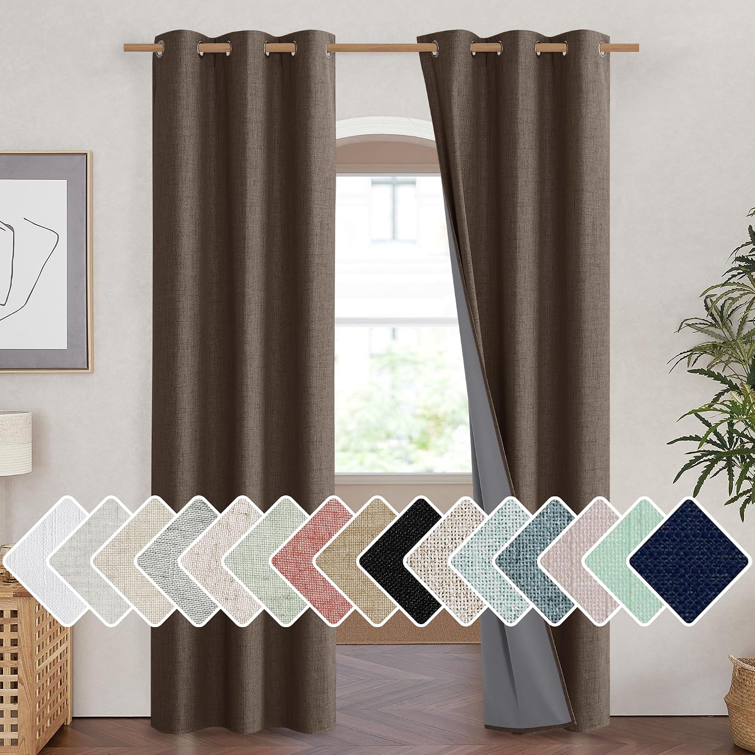 NICETOWN Coffee Vintage Linen 100% Blackout Curtains for Living Room, Thermal Insulated Curtains 84" Long, Noise Reducing Window…