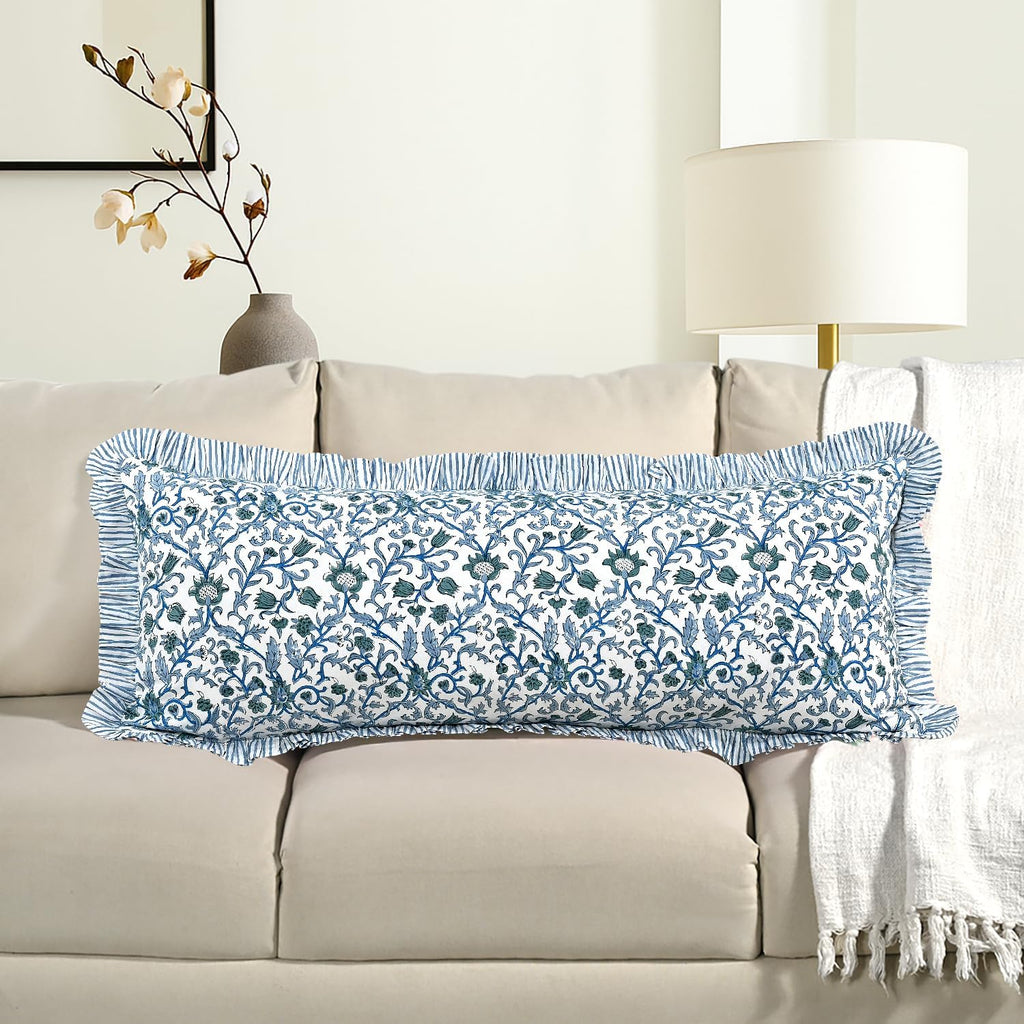 Cottonprintclub CPC Hand Block Print Ocean Vine Ruffle Sham Pillow Cover 36" x 14" inch Hidden Zipper Decorative Pillowcase for Couch, Bed,…