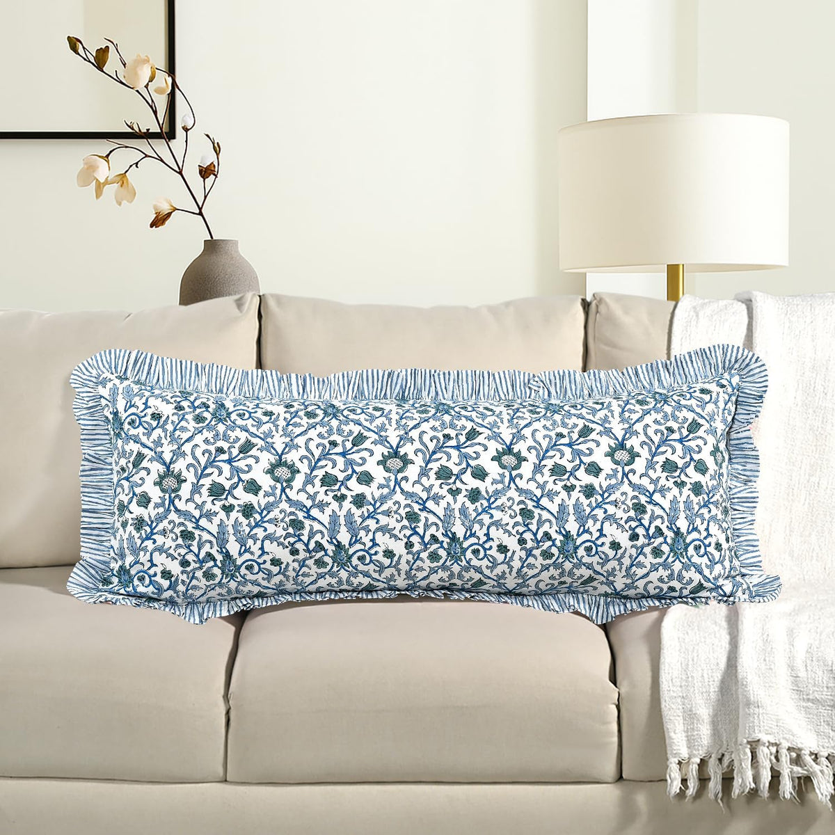 Cottonprintclub CPC Hand Block Print Ocean Vine Ruffle Sham Pillow Cover 36" x 14" inch Hidden Zipper Decorative Pillowcase for Couch, Bed,…