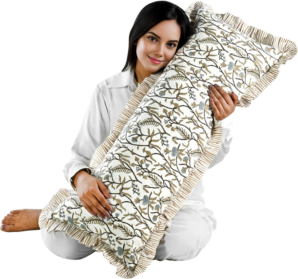 Cottonprintclub CPC Hand Block Print Cocoa Vine Ruffle Sham Pillow Cover 36" x 14" inch Hidden Zipper Decorative Pillowcase for Couch, Bed,…
