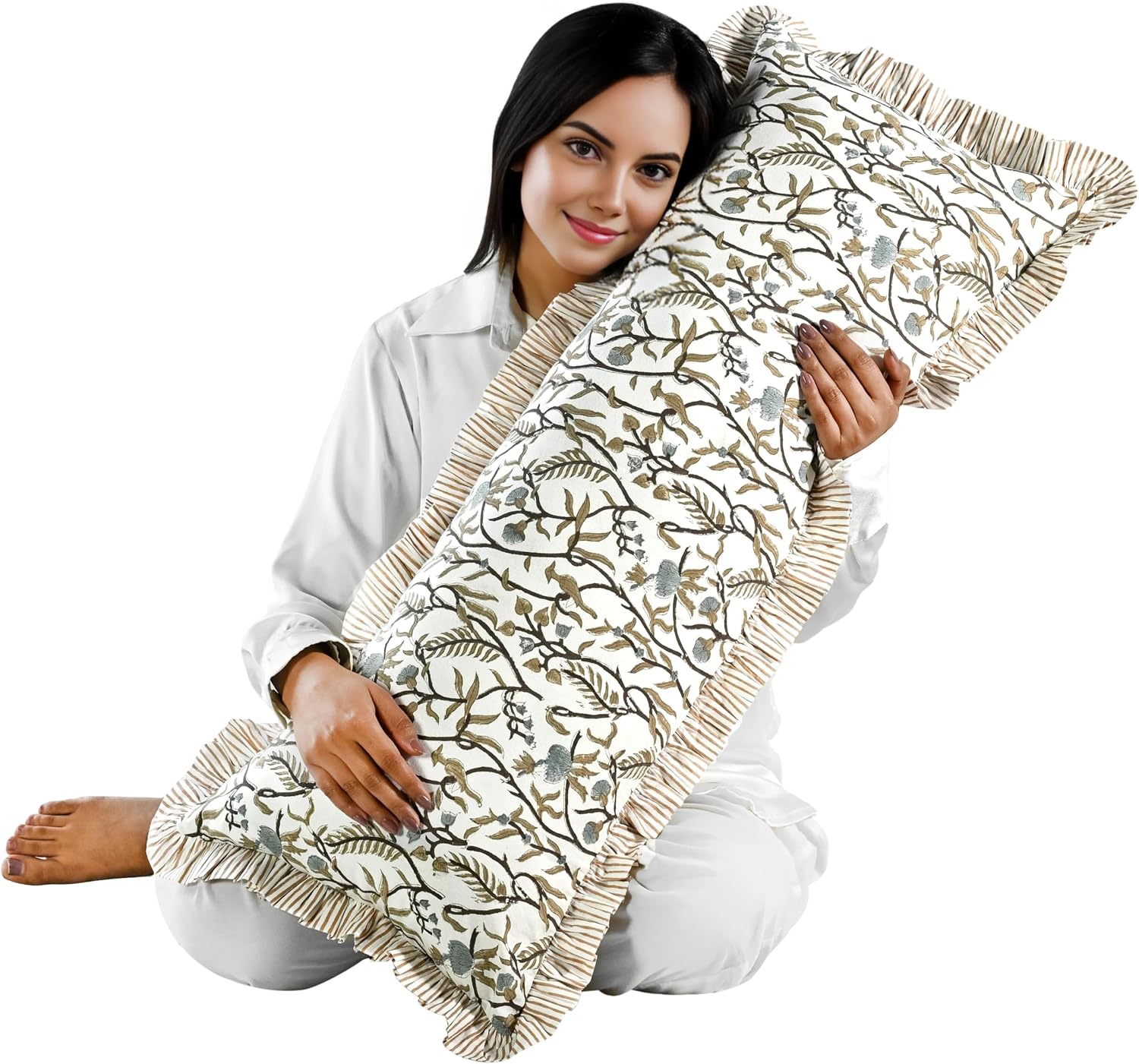 Cottonprintclub CPC Hand Block Print Cocoa Vine Ruffle Sham Pillow Cover 36" x 14" inch Hidden Zipper Decorative Pillowcase for Couch, Bed,…