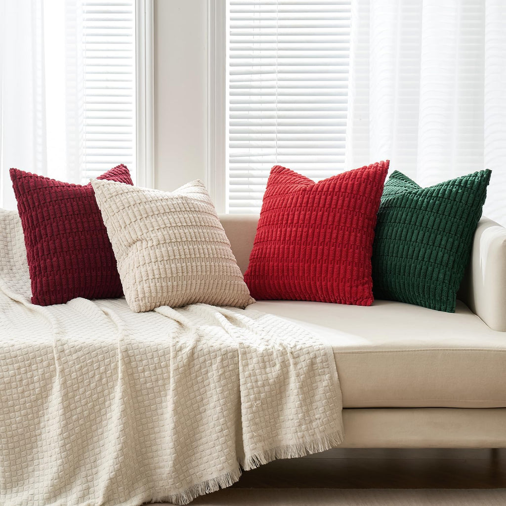 Miulee Pack of 4 Christmas Boho Farmhouse Red and Green Corduroy Decorative Throw Pillow Covers 18x18 Inch Retro Soft Striped Pillow Covers…