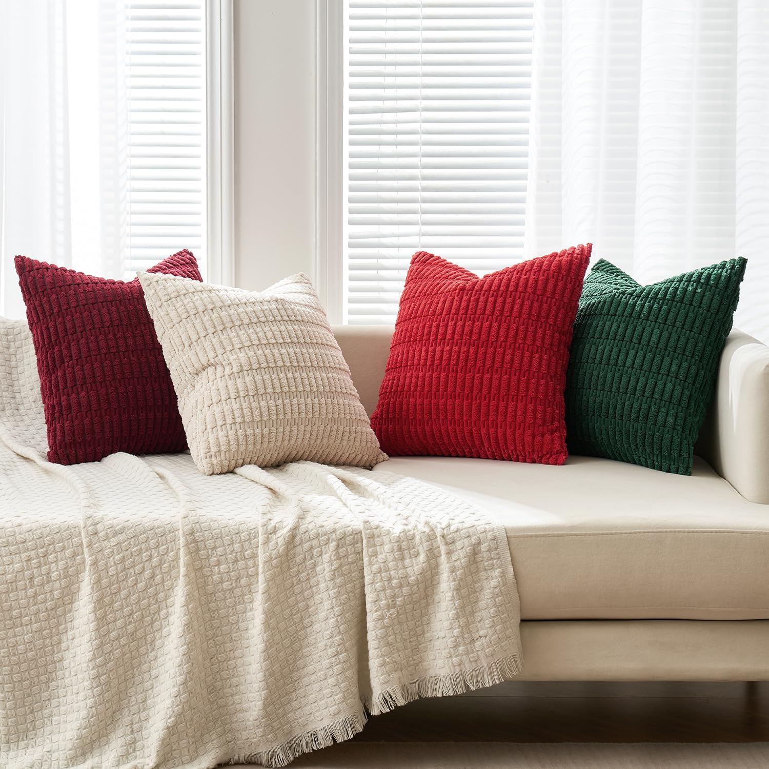 Miulee Pack of 4 Christmas Boho Farmhouse Red and Green Corduroy Decorative Throw Pillow Covers 18x18 Inch Retro Soft Striped Pillow Covers…