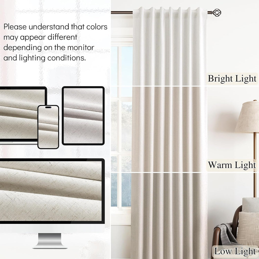 Guken Cream Natural 100% Blackout Linen Bedroom Curtains 100 Inches Long 2 Panel Sets Back Tab Beige Farmhouse Black Out Room Darkening The…