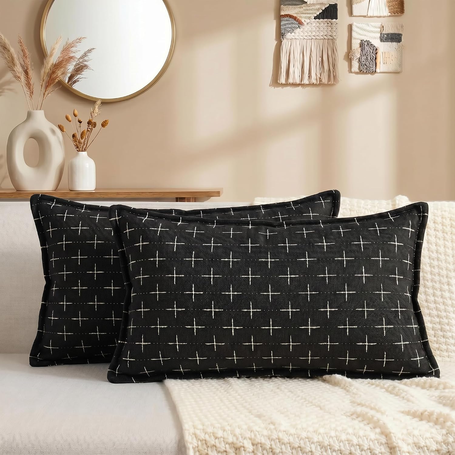 AVOINcolorlife AVOIN colorlife Pack of 2 Decorative Throw Pillow Covers 20x12 Inch, Flange Edges Woven Textured Cushion Case Home Decor for…
