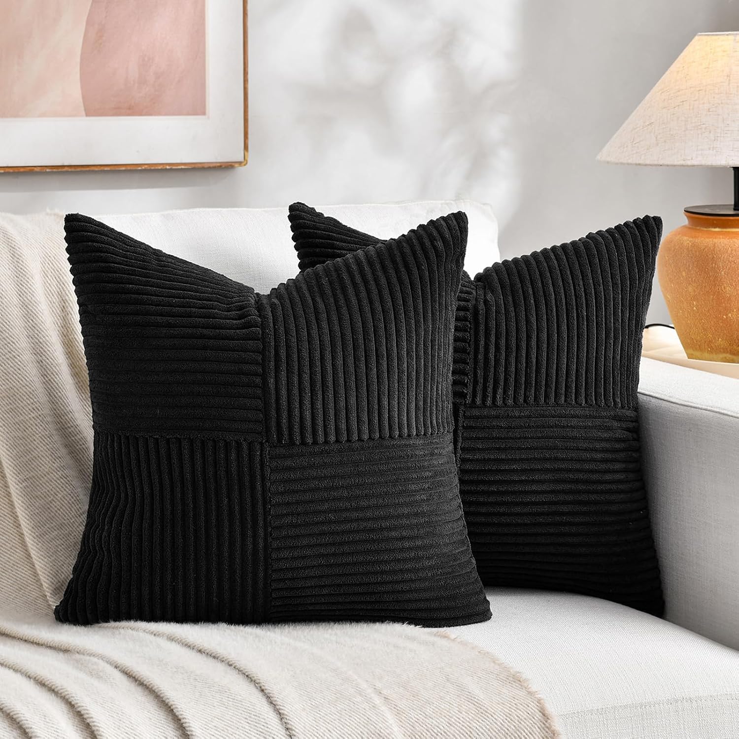 Fancy Homi 2 Packs Black Decorative Throw Pillow Covers 18x18 Inch for Living Room Couch Bed Sofa, Rustic Farmhouse Boho Home Decor, Soft…
