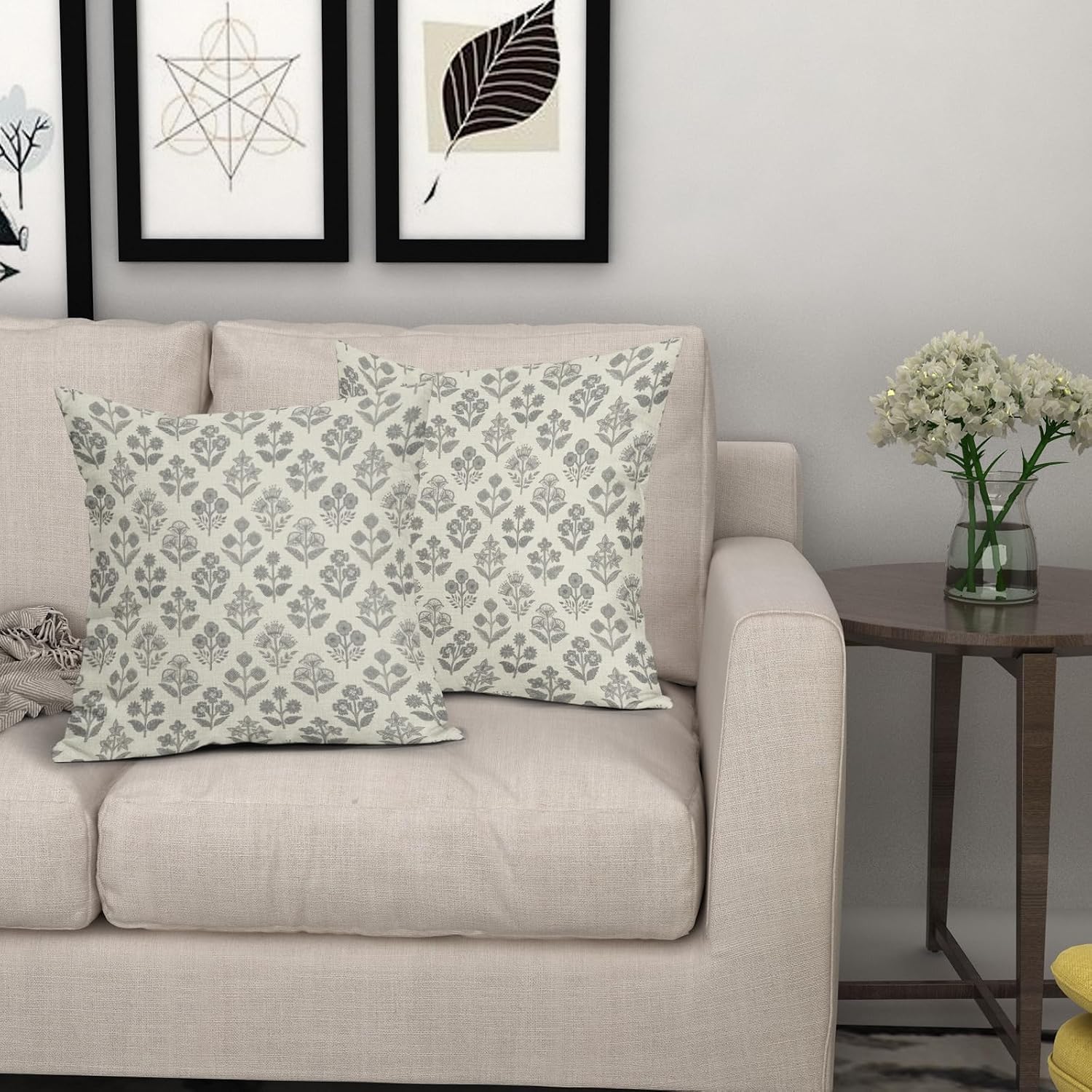 Grey Gray Floral Pillow Covers 24x24 Inch Set of 2, Vintage Flower Block Print Pattern Decorative Throw Pillowcases Outdoor Farmhouse…