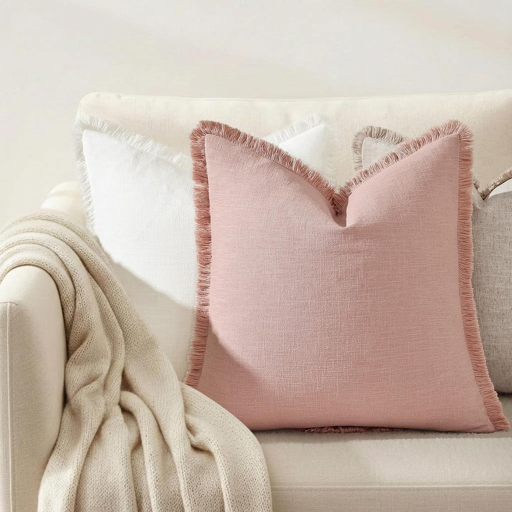decorUhome Summer Decorative Neutral Linen Fringe Euro Sham Throw Pillow Covers Set of 2 Pink Pillow Covers with Tassels Soft Farmhouse Boh…