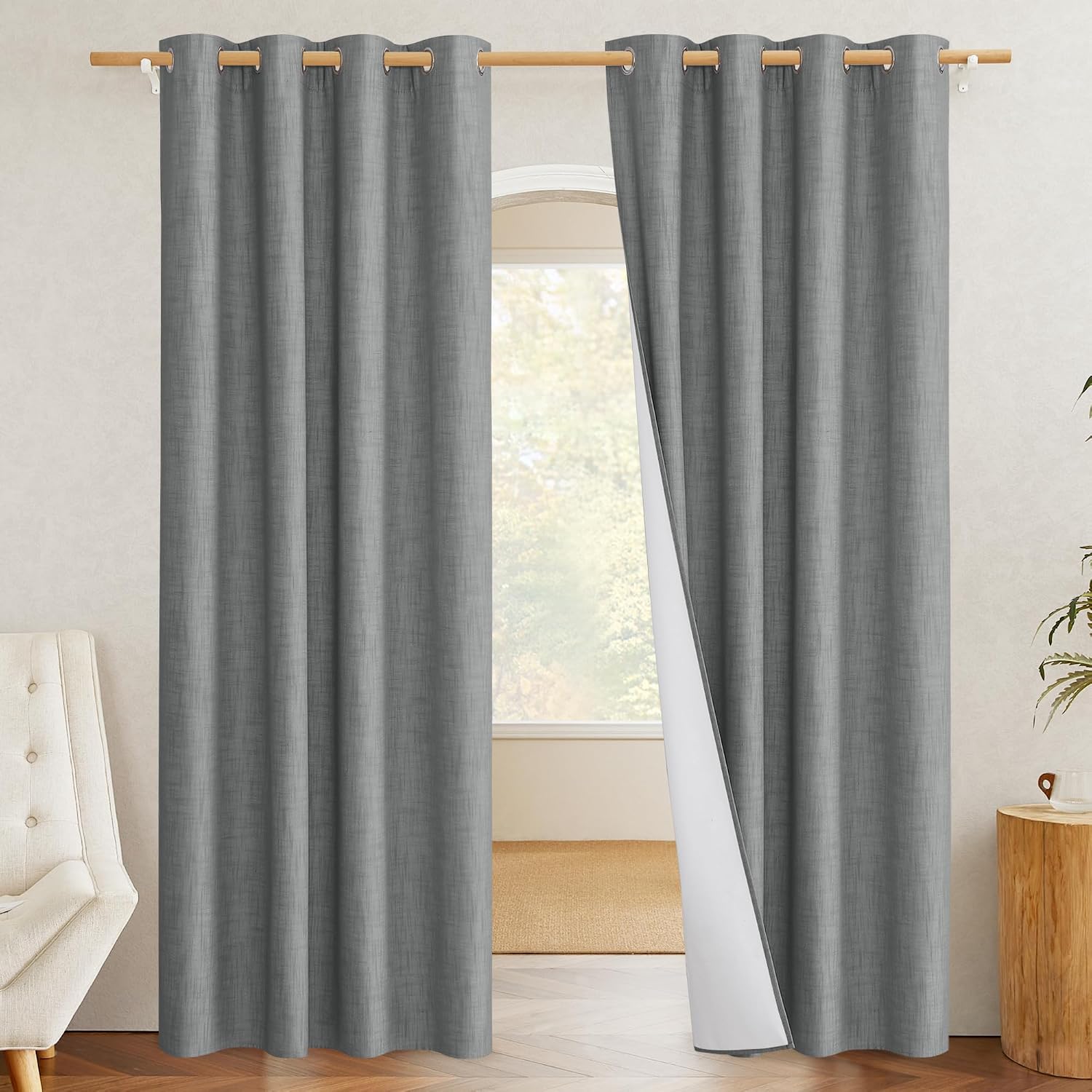 NICETOWN 100% Absolutely Blackout Linen Curtains with Thermal Insulated White Liner, Dove Grey, W52, 2 Pieces, Noise Reducing Textured…