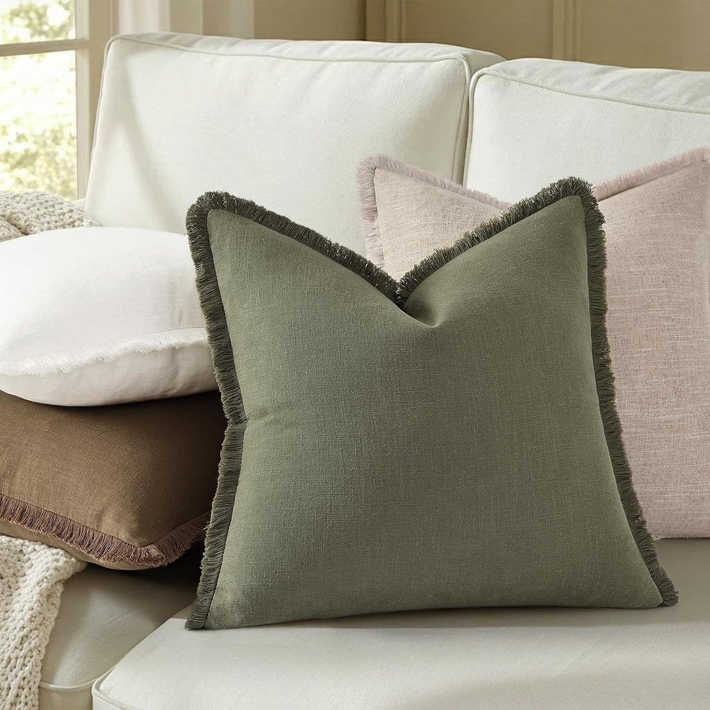 decorUhome Summer Decorative Neutral Linen Fringe Throw Pillow Covers Set of 2 Olive Green Pillow Covers with Tassels Soft Farmhouse Boho A…