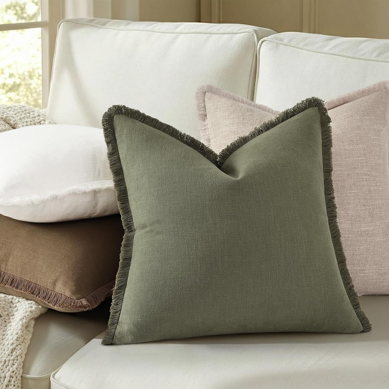 decorUhome Summer Decorative Neutral Linen Fringe Throw Pillow Covers Set of 2 Olive Green Pillow Covers with Tassels Soft Farmhouse Boho A…