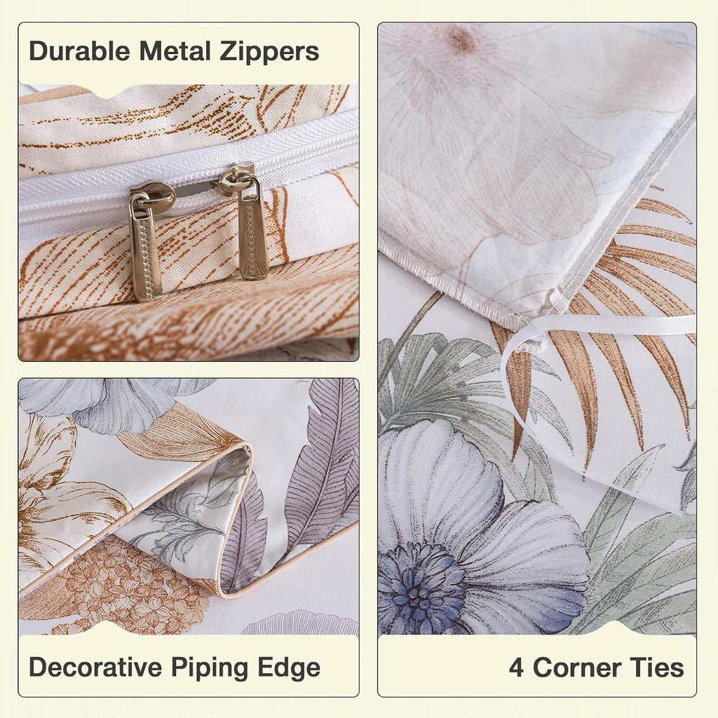 Puralens Tropical Floral Queen Size Duvet Cover Set 100% Cotton Percale, Palm Leaves Reversible Zipper White Duvet Covers, Soft Crisp Moder…