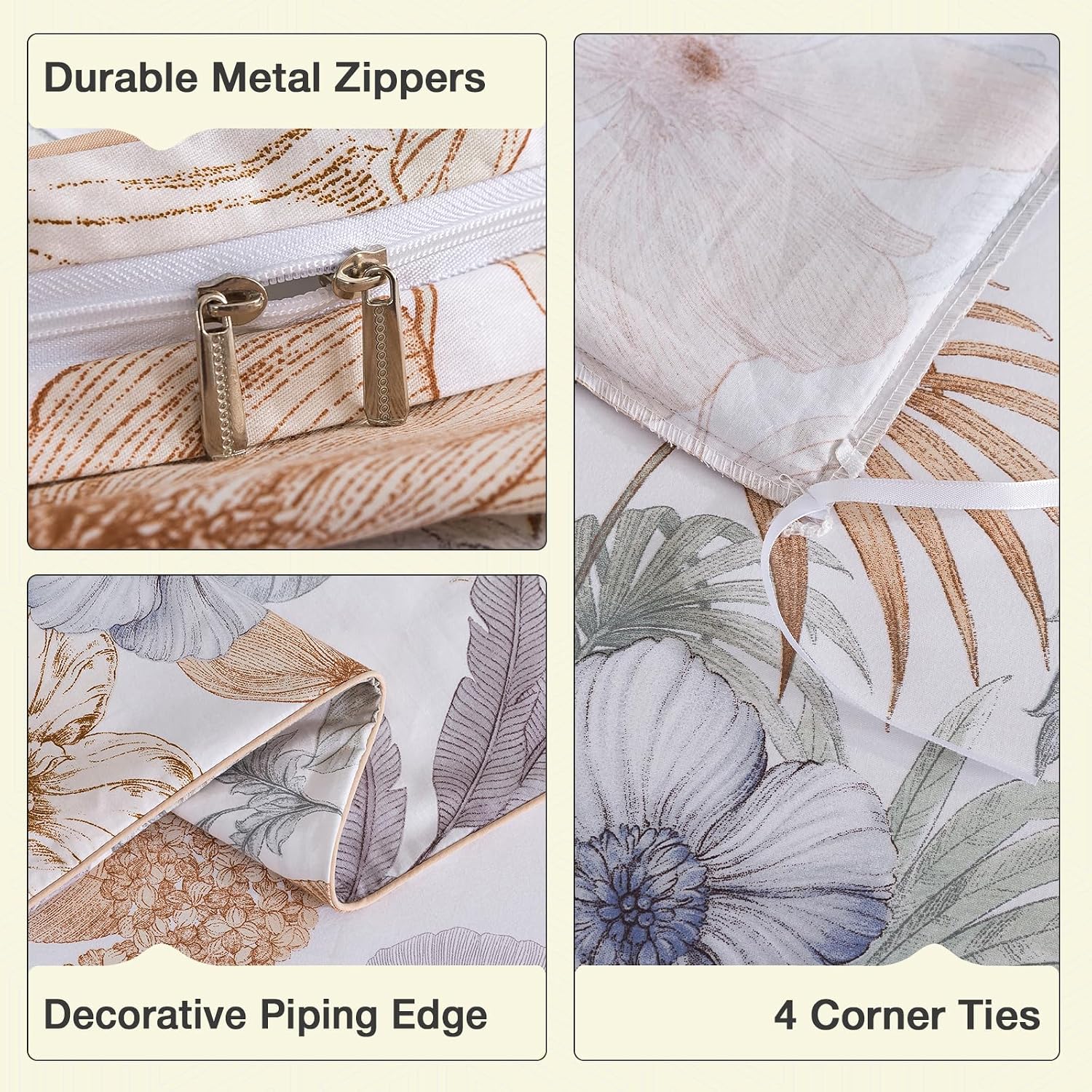 Puralens Tropical Floral Queen Size Duvet Cover Set 100% Cotton Percale, Palm Leaves Reversible Zipper White Duvet Covers, Soft Crisp Moder…