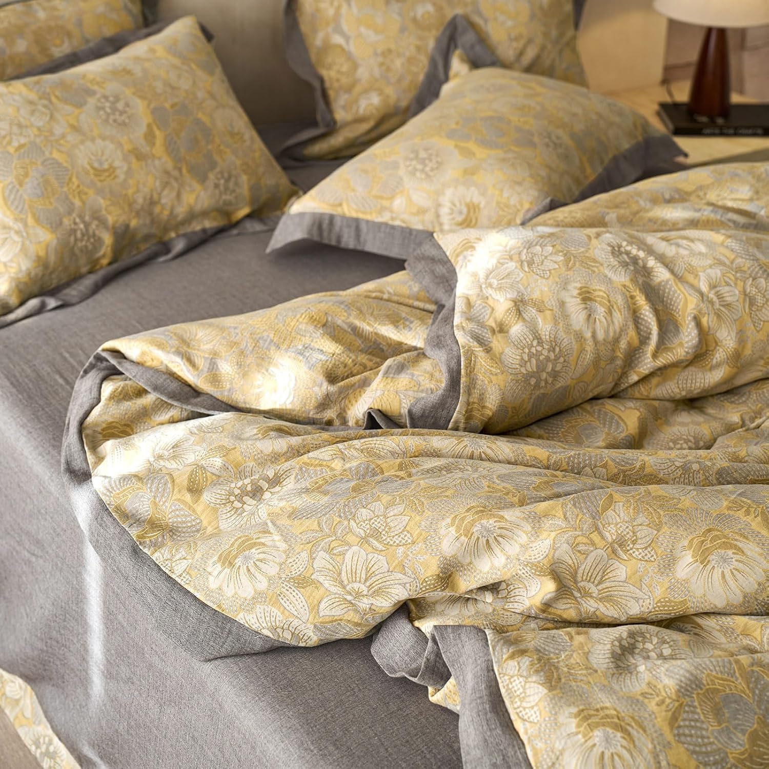 mixinni Duvet Cover King, Cotton Double-Layer Yarn Golden Floral Jacquard Reversible Grey Comforter Cover with Edge Design, Farmhouse Beddi…