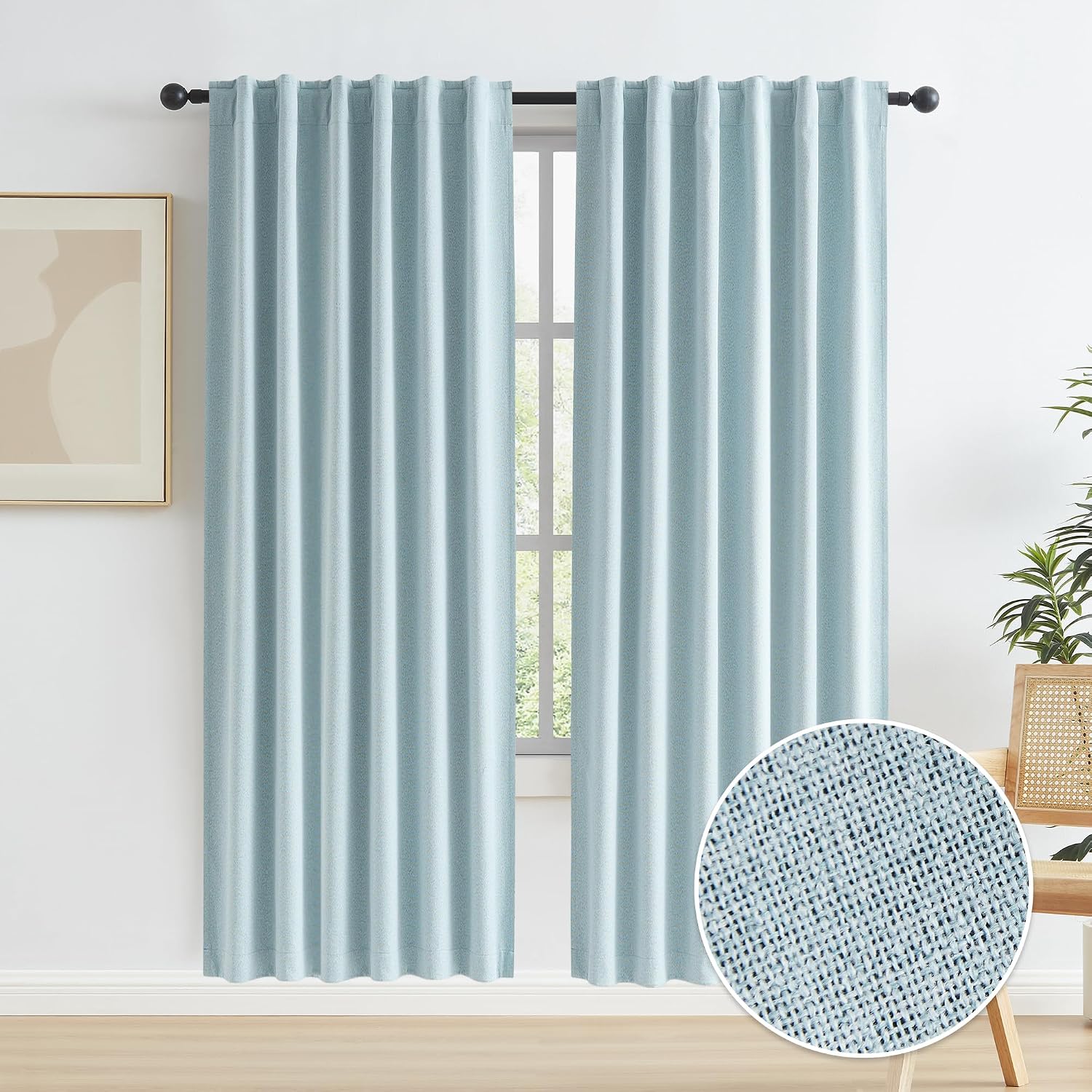 Keqiaosuocai Full Shading Blackout Linen Curtains Set, Pair of Energy Smart Noise Reducing Drapes for Bedroom, Privacy Assured Panels Back…