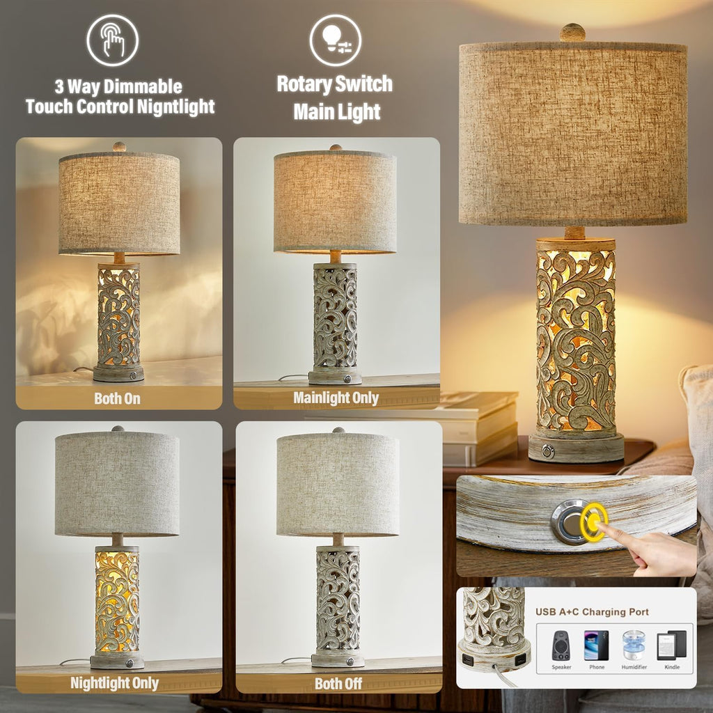OYEARS 3-Way Dimmable 22'' USB A+C Touch Control Table Lamp with Nightlight for Living Room Bedroom Farmhouse Bedside Nightstand Lamps…