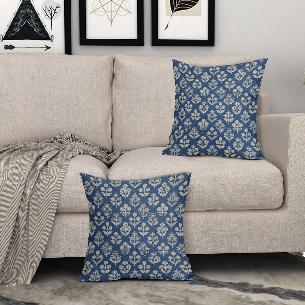 Blue Floral Pillow Covers 22x22 Inch Set of 2, Vintage Flower Block Print Pattern Decorative Throw Pillowcases Outdoor Farmhouse Cushion…