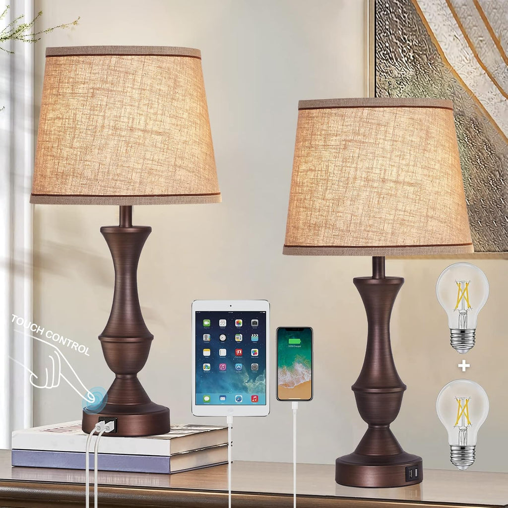 Luvkczc Touch Table Lamps Set of 2, 22" Tall Bedside Lamps with USB C+A Ports, Dimmable Table Lamp, Nightstand Lamps for Bedroom, Living…