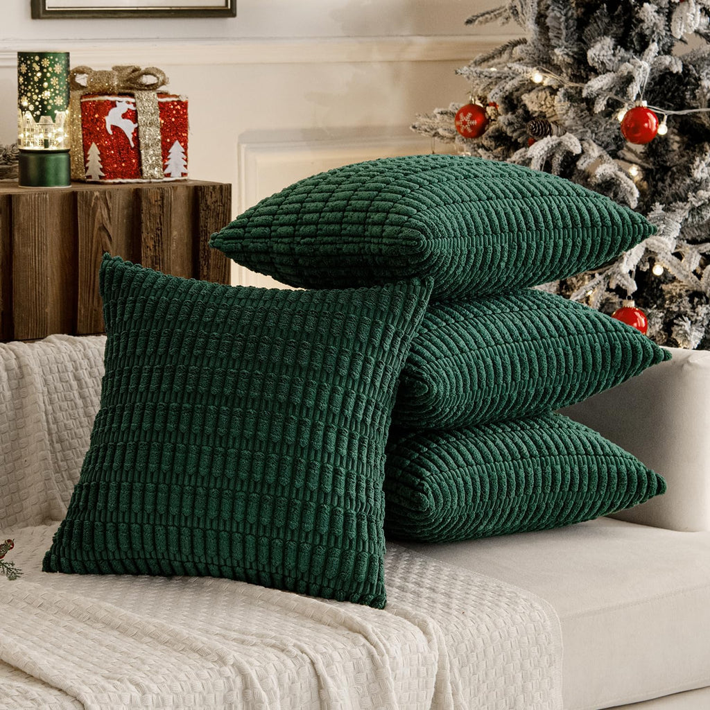 Miulee Pack of 4 Christmas Dark Green Corduroy Decorative Throw Pillow Covers 20x20 Inch Soft Boho Striped Pillow Covers Modern Farmhouse H…
