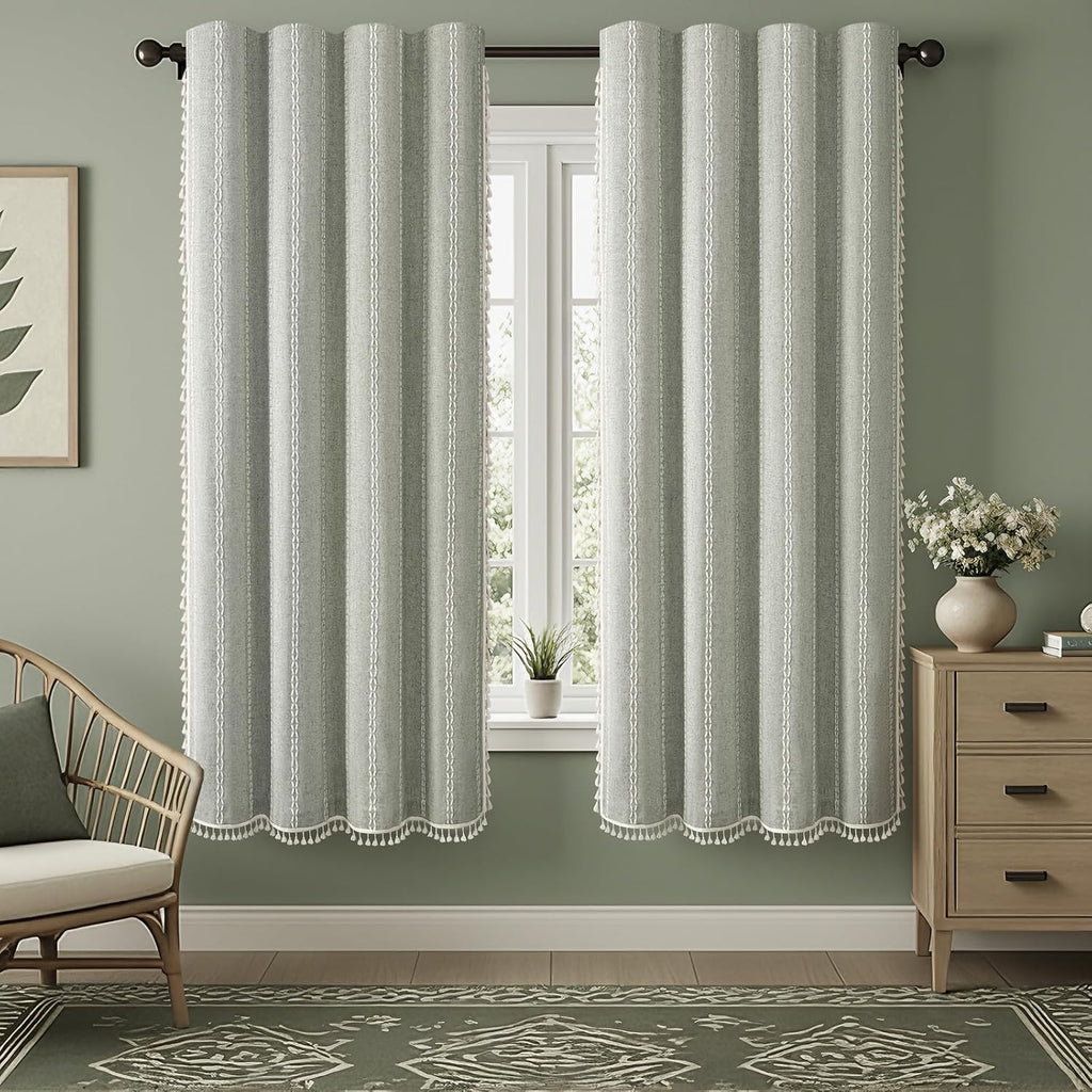 XOGUIBO Boho Blackout Curtains 72 Inches Long Sage Green Linen Blend 2 Panels with Tassels and Cotton Embroidery, Farmhouse Vintage…