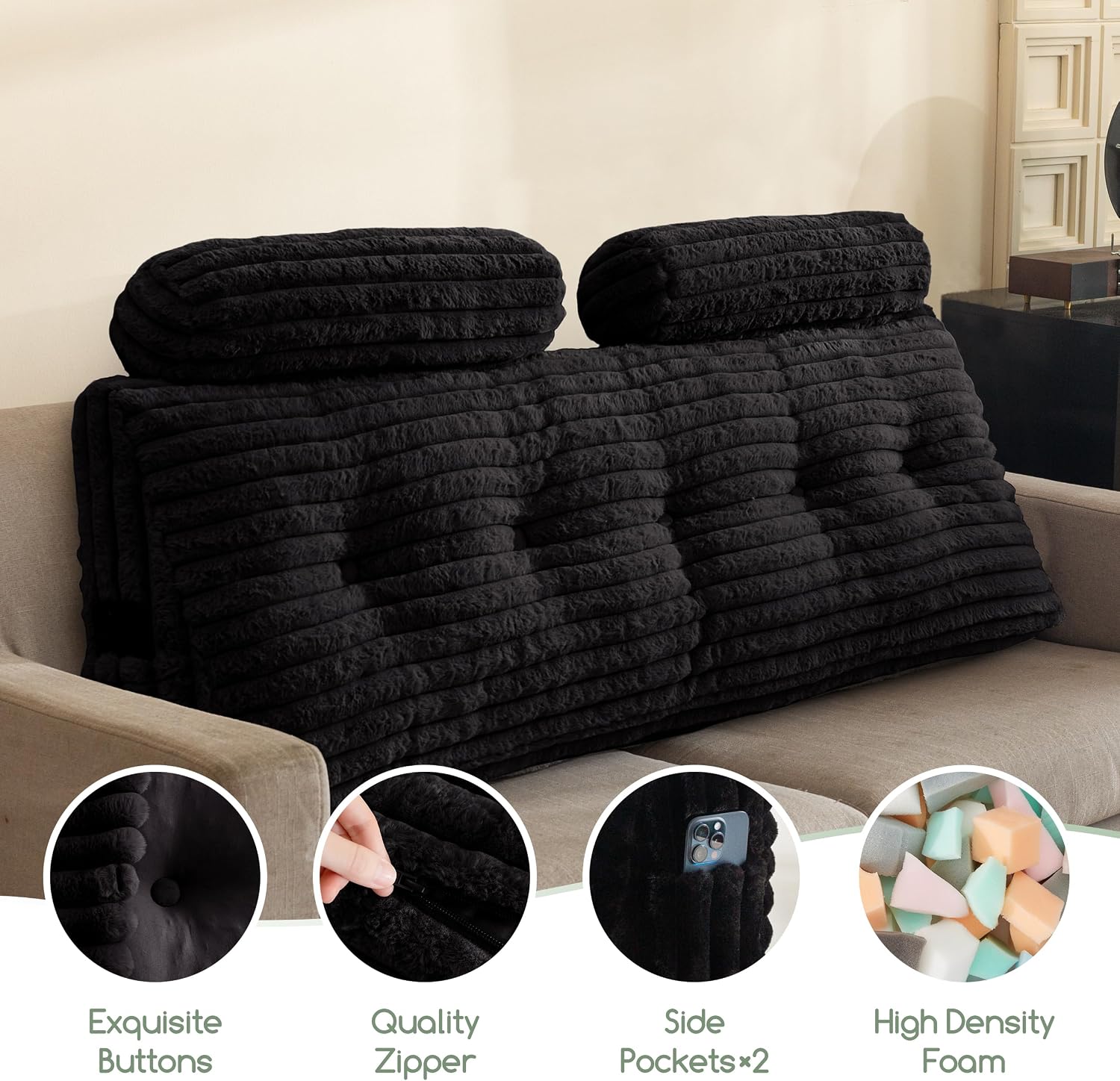HIGOGOGO Triangular Headboard Wedge Pillow with 2 Cylindrical Pillows and Memory Foam Filling, Daybed Pillows for Sitting up, Reading or…