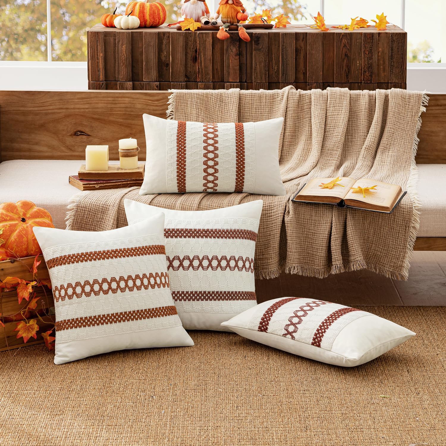 MIULEE Set of 2 Burnt Orange Decorative Pillow Covers 18x18 Inch Farmhouse Rustic Boho Couch Throw Pillows Modern Cotton Cushion Covers…