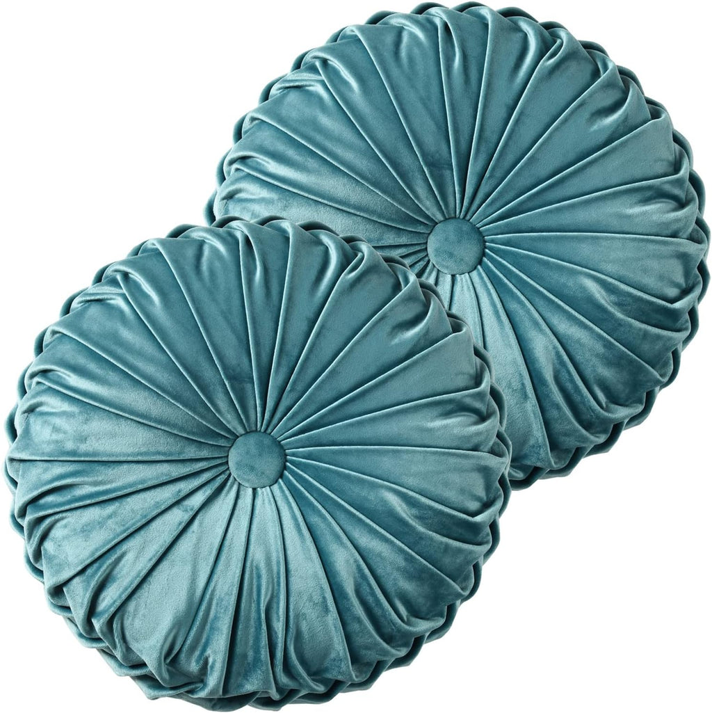 HIG Set of 2 Teal Ruched Velvet Round Throw Pillows – 14.5’’ Decorative Pillows with Soft Polyester Filling for Couch, Bed, Living Room…