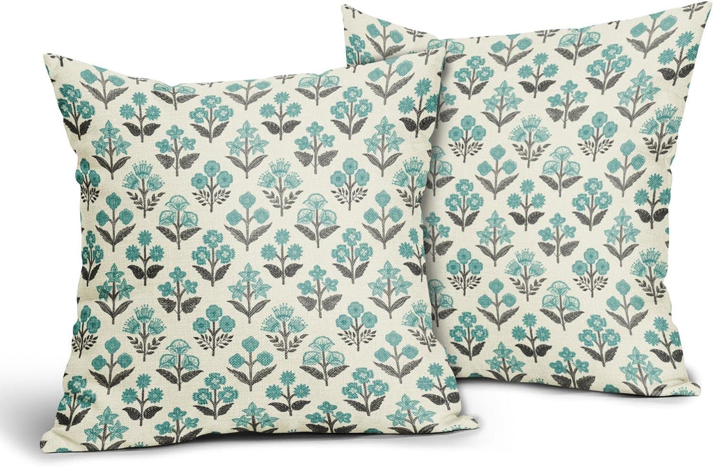 Black Teal Floral Pillow Covers 16x16 Inch Set of 2, Spring Summer Vintage Flower Block Print Pattern Decorative Throw Pillowcases…
