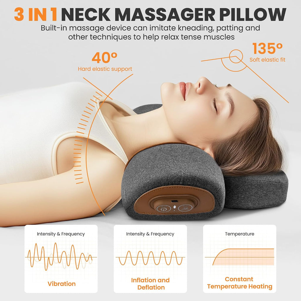 3-in-1 Neck Massage Pillow—with Heat, Massage, and Traction Stretching, Deep Tissue Massage Relieves Shoulder and Neck Muscle Pain and…