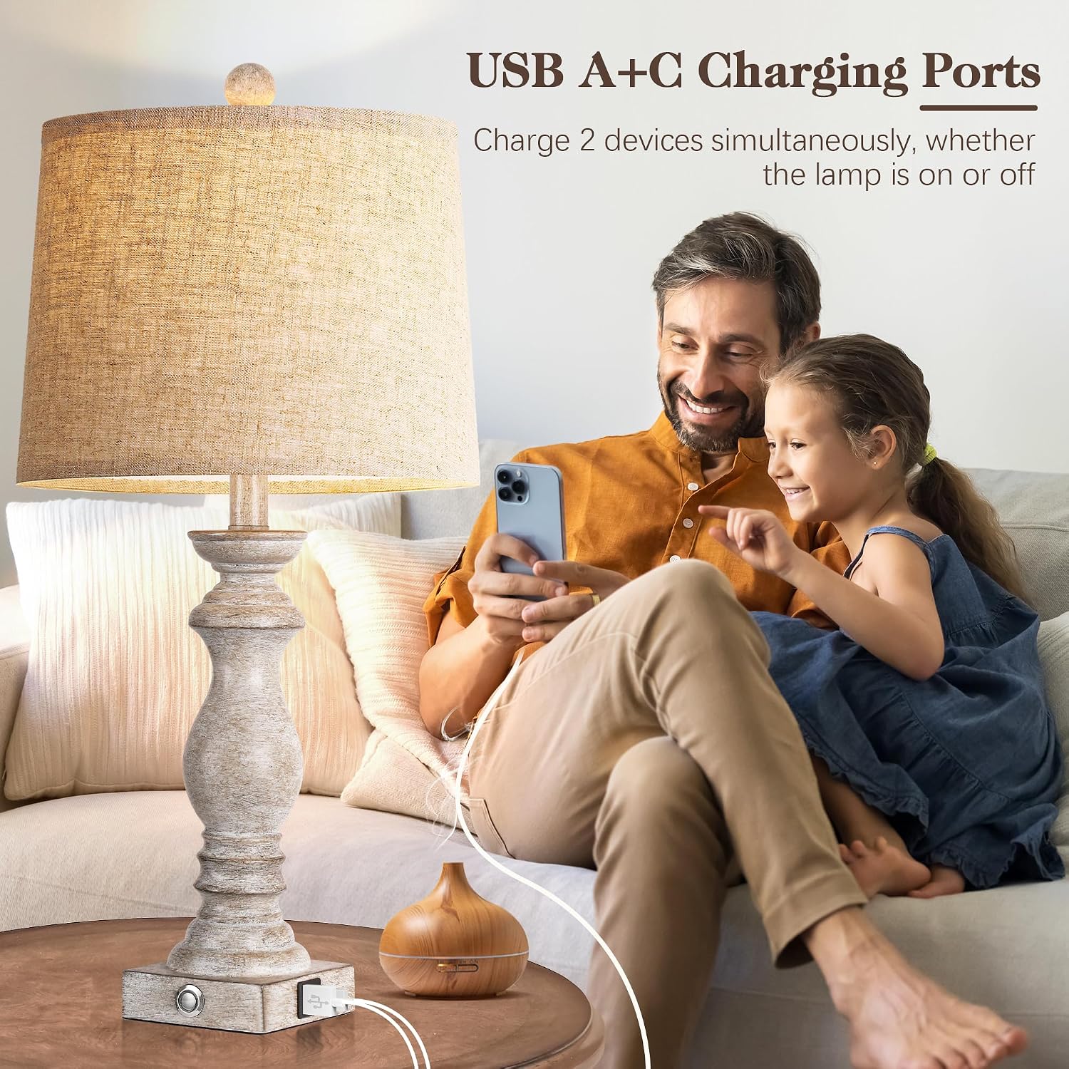 24.5" Table Lamp Set of 2, Rustic Farmhouse Bedside Lamps with USB A+C Charging Ports, 3-Way Dimmable Touch Control Nightstand Lamps for…
