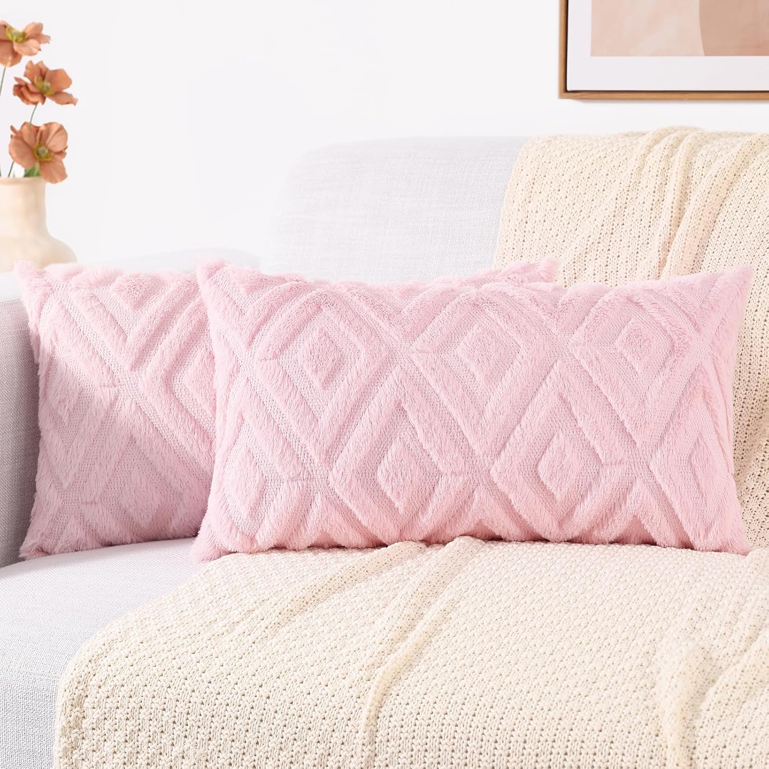 decorUhome Summer Couch Throw Pillow Covers 12x20 Set of 2, Decorative Soft Plush Faux Fur Wool Lumbar Accent Pillow Covers for Modern Farm…