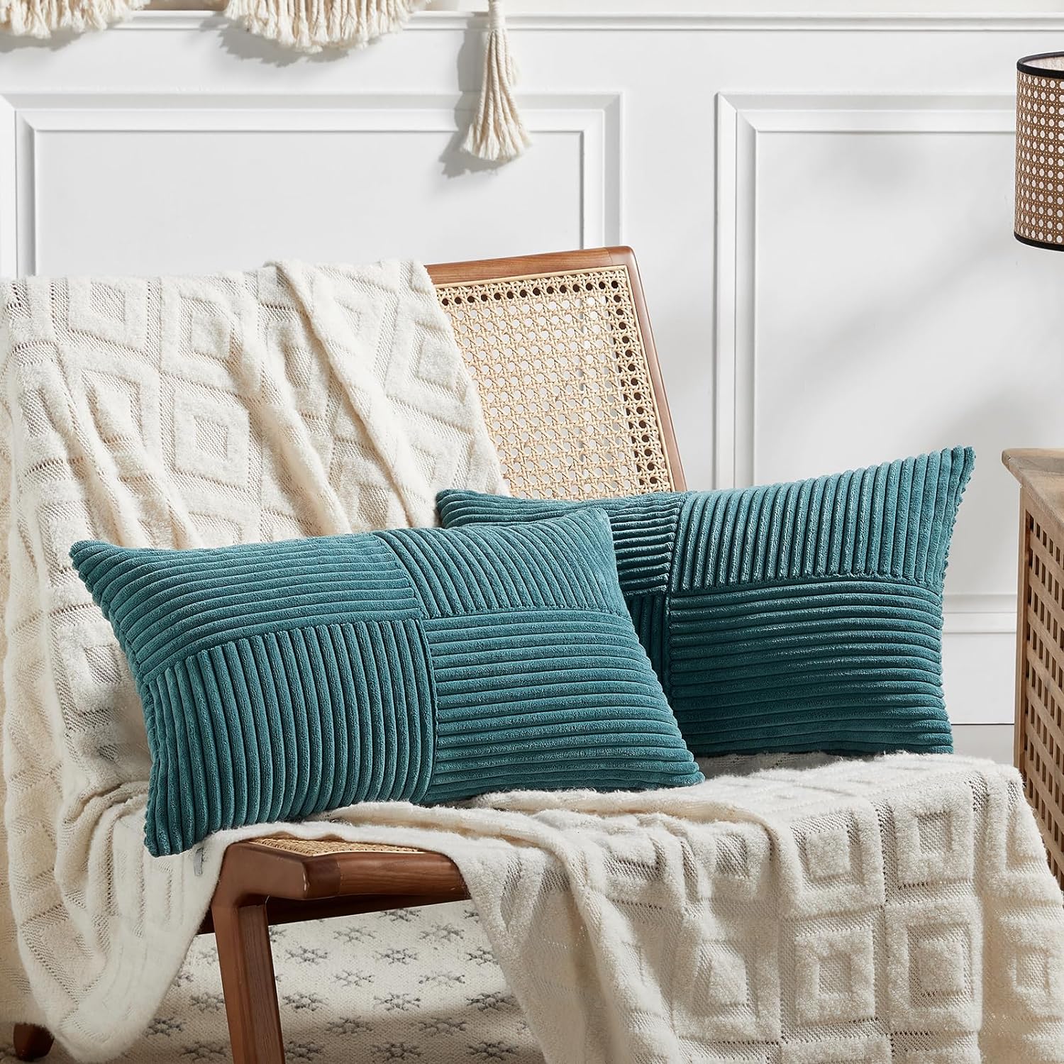 Fancy Homi 2 Packs Teal Lumbar Decorative Throw Pillow Covers 12x20 Inch for Living Room Couch Bed Sofa, Rustic Farmhouse Boho Home…