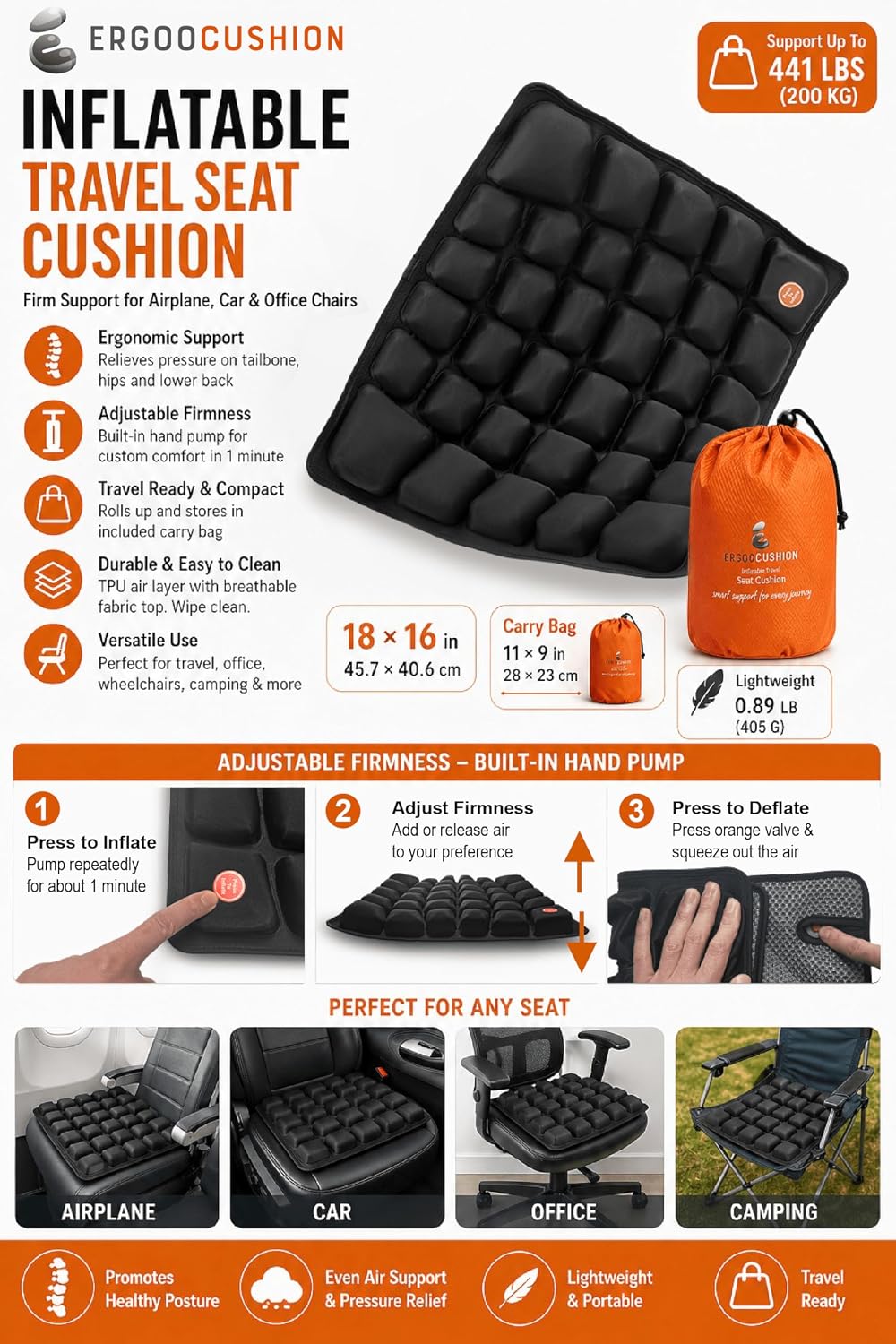 Inflatable Travel Seat Cushion with Built‐in Manual Pump, Adjustable Firmness & Compact Storage –Firm Support for Airplane, Car & Office…