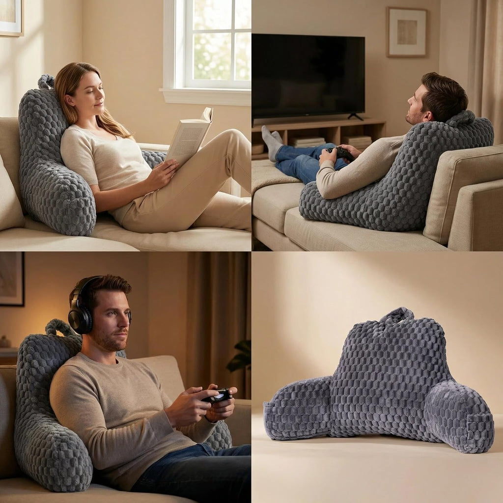 Faux Fur Reading Pillow for Bed Adults, Ultra Soft Plush Floor Backrest Pillow with Side Pockets for Bed & Couch, Perfect for Reading…