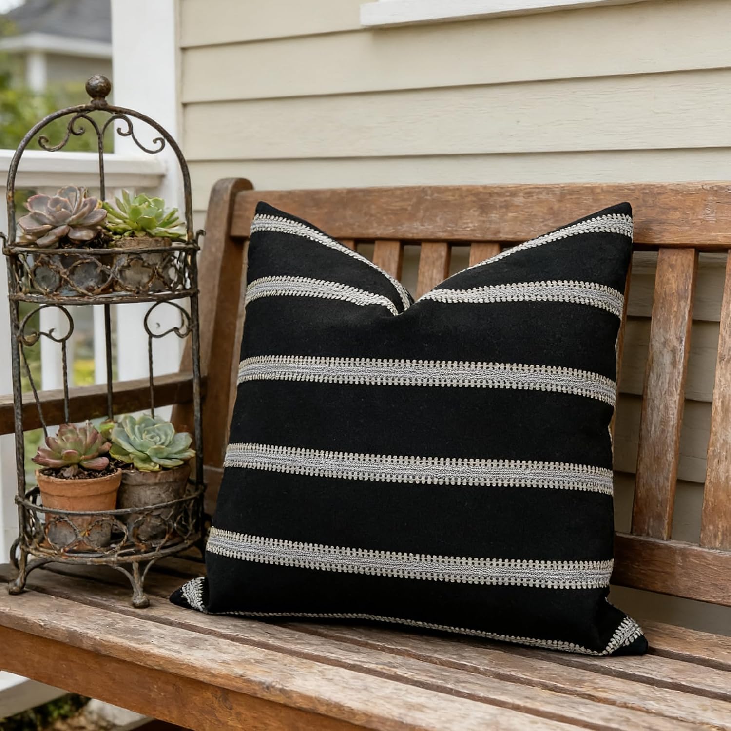 Slow Cow Textured Woven Stripe Throw Pillow Cover Modern Country Design Cushion Cover Pillow Cover 16 x 16 Inches Black Mixed Off White