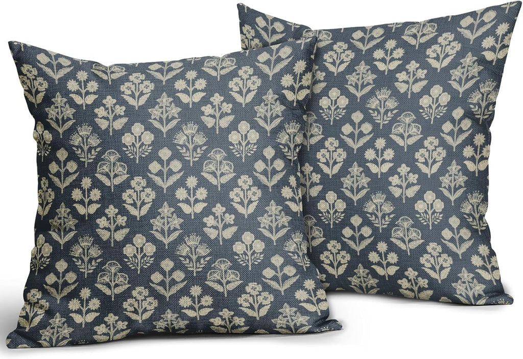 Dusty Blue Floral Block Print Pillow Covers 16x16 Inch Set of 2, Vintage Flower Pattern Decorative Throw Pillowcases Outdoor Farmhouse…