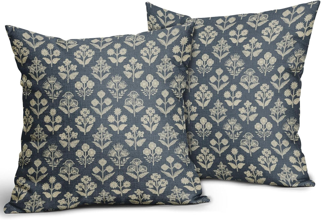 Dusty Blue Floral Pillow Covers 22x22 Inch Set of 2, Vintage Flower Block Pattern Decorative Throw Pillowcases Outdoor Farmhouse Cushion…