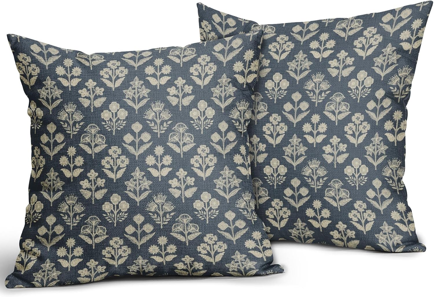 Dusty Blue Floral Pillow Covers 22x22 Inch Set of 2, Vintage Flower Block Pattern Decorative Throw Pillowcases Outdoor Farmhouse Cushion…