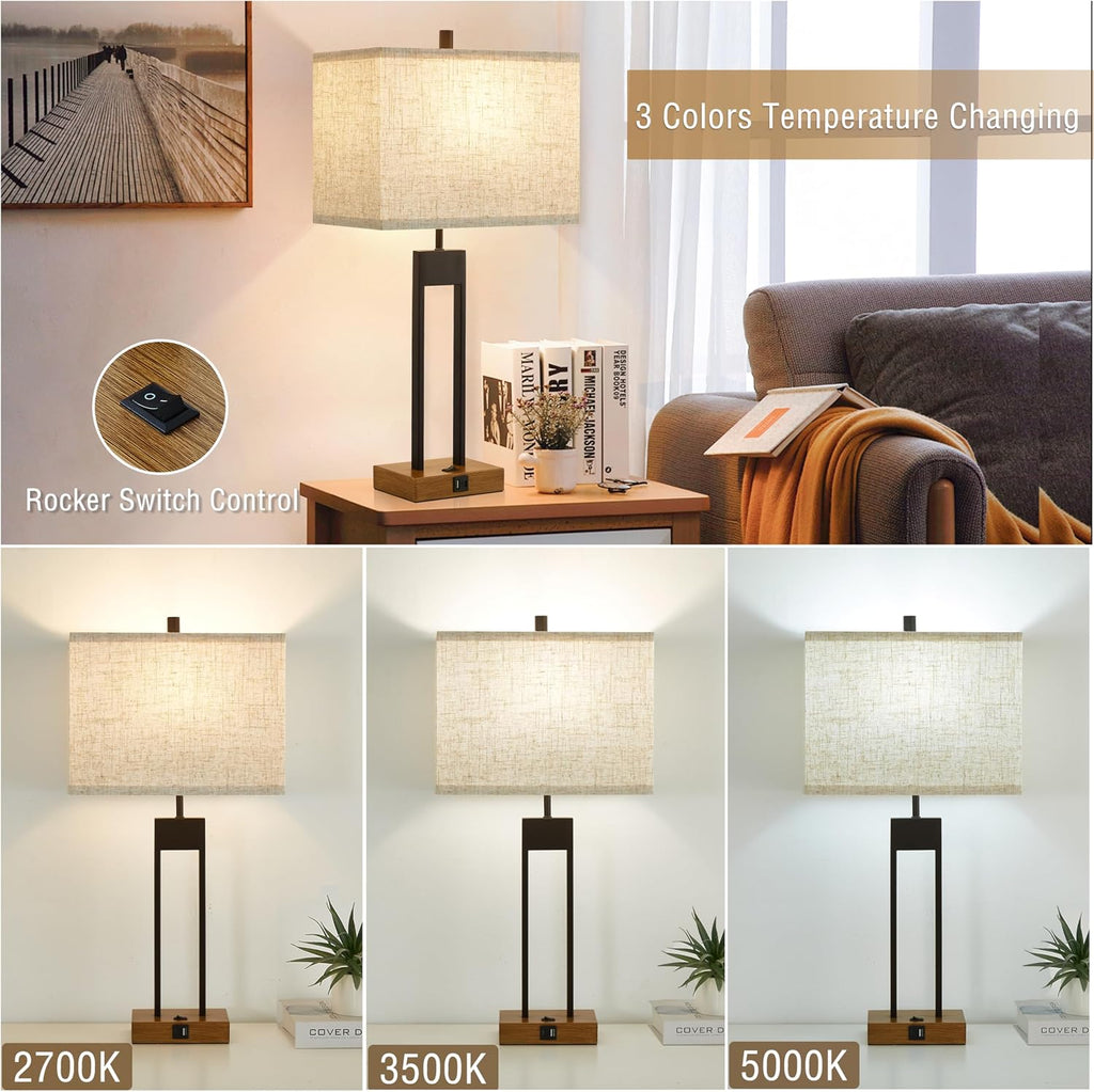 GyroVu Extra Large 25.5'' Set of 2 Modern Bedroom Table Lamps with USB C+A Ports, Color Changeable, Brown Night Stand Lamps for Bedside…