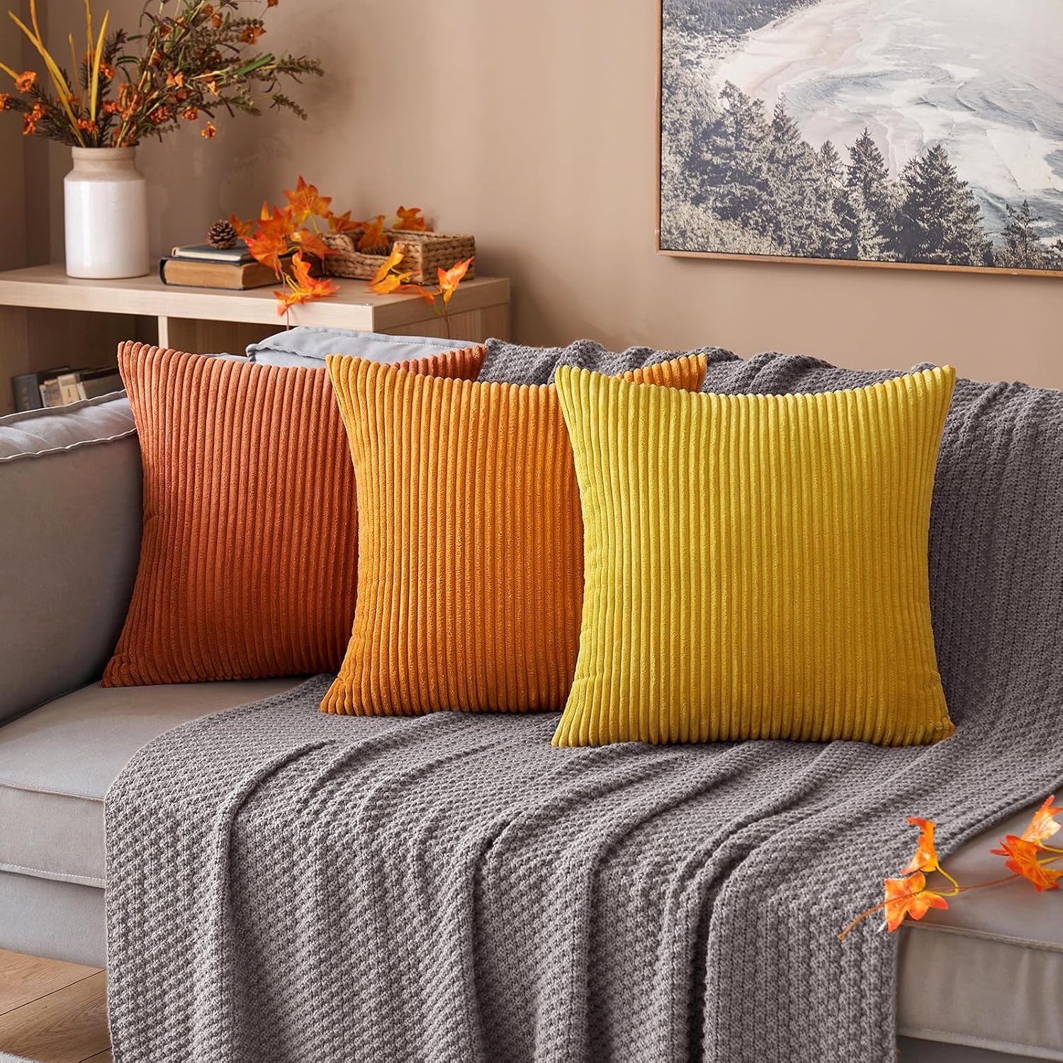 MIULEE Pack of 2 Burnt Orange Pillow Covers 16x16 Inch Soft Boho Striped Corduroy Throw Pillow Covers Set Decorative Square Cushion Cases…