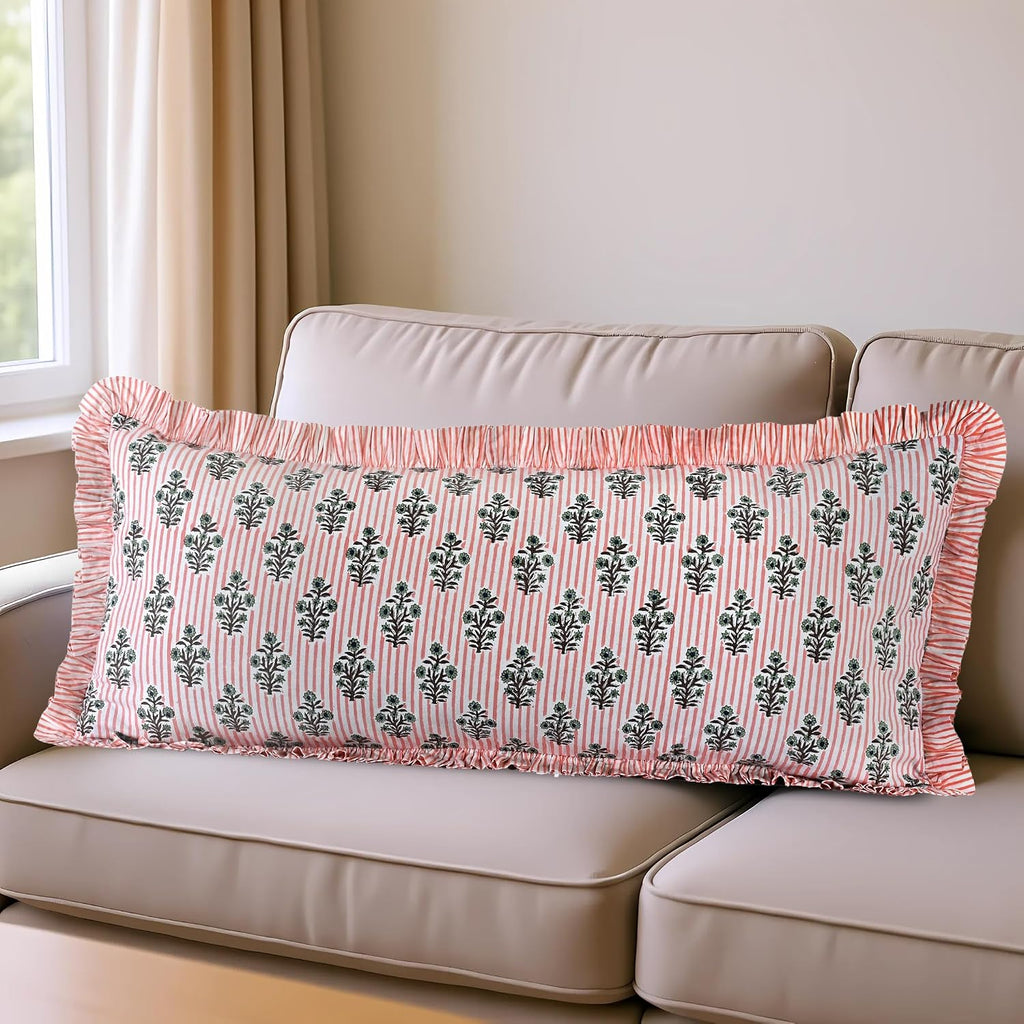 Ridhi Block Print Salmon Blossom 36"x14" Set 1-100% Cotton Ruffle Lumbar Sham Cover Boho Floral Pillowcase, Farmhouse Cottagecore…