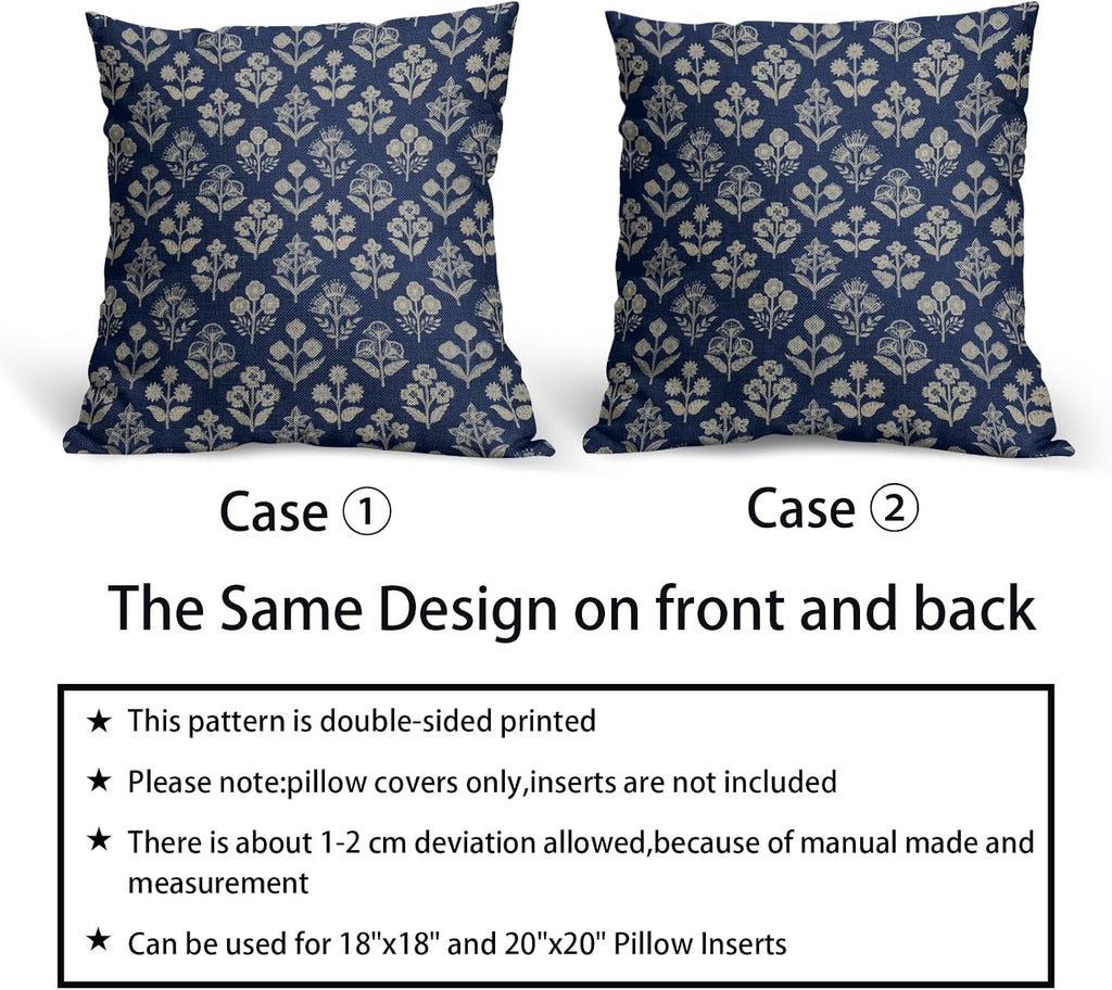 Dark Blue Floral Block Print Pillow Covers 20x20 Inch Set of 2, Vintage Flower Pattern Decorative Throw Pillowcases Outdoor Farmhouse…