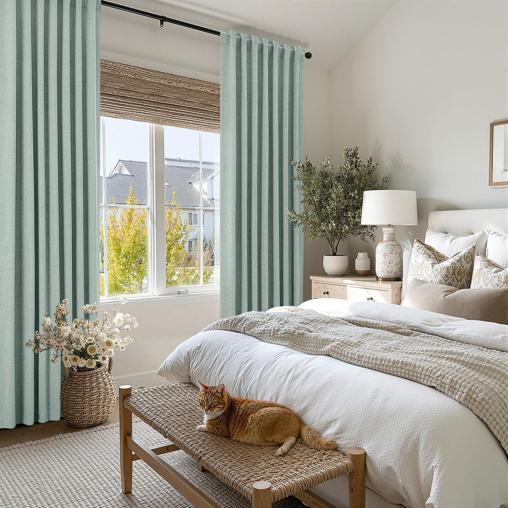 Miulee 100% Blackout Linen Curtains for Bedroom, Seafoam Green Solid Luxury Decor Thermal Insulation Room Darkening Drapes for Living Room…
