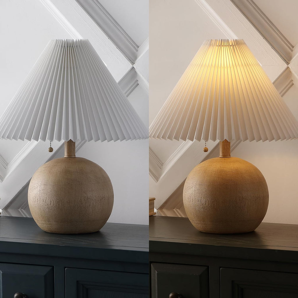 Jonathany JONATHAN Y 17.25" Beige Wood Finish/White Sphere Table Lamp, Mid-Century Bedside Nightstand with Beige Pleated Linen Shade, Scand…